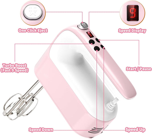9-Speed Digital Hand Mixer Electric, 400W DC Motor, Hand Mixer electric Handheld with Snap-On Storage Case, Touch Button, Turbo Boost, 5x Stainless Steel Accessories (Pink)