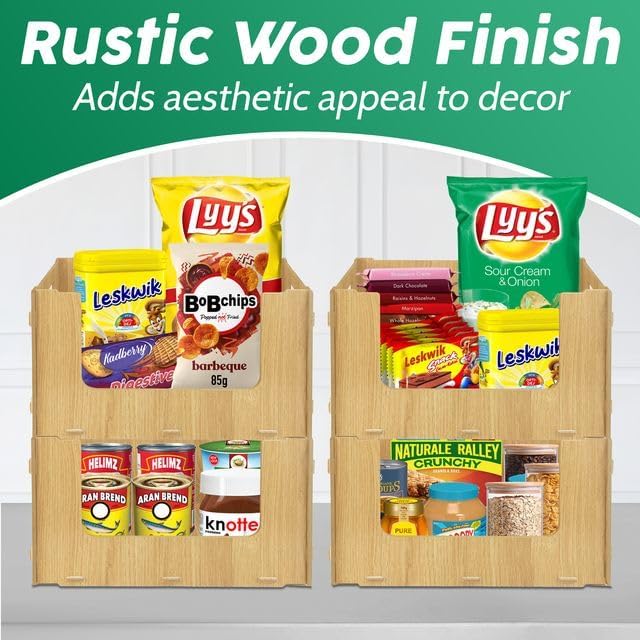 TidyFriend Wooden Stackable Storage Bins for Pantry Organizers and Storage 4 Pack, Pantry Storage for Food, Kitchen and Home Organization (Wood)