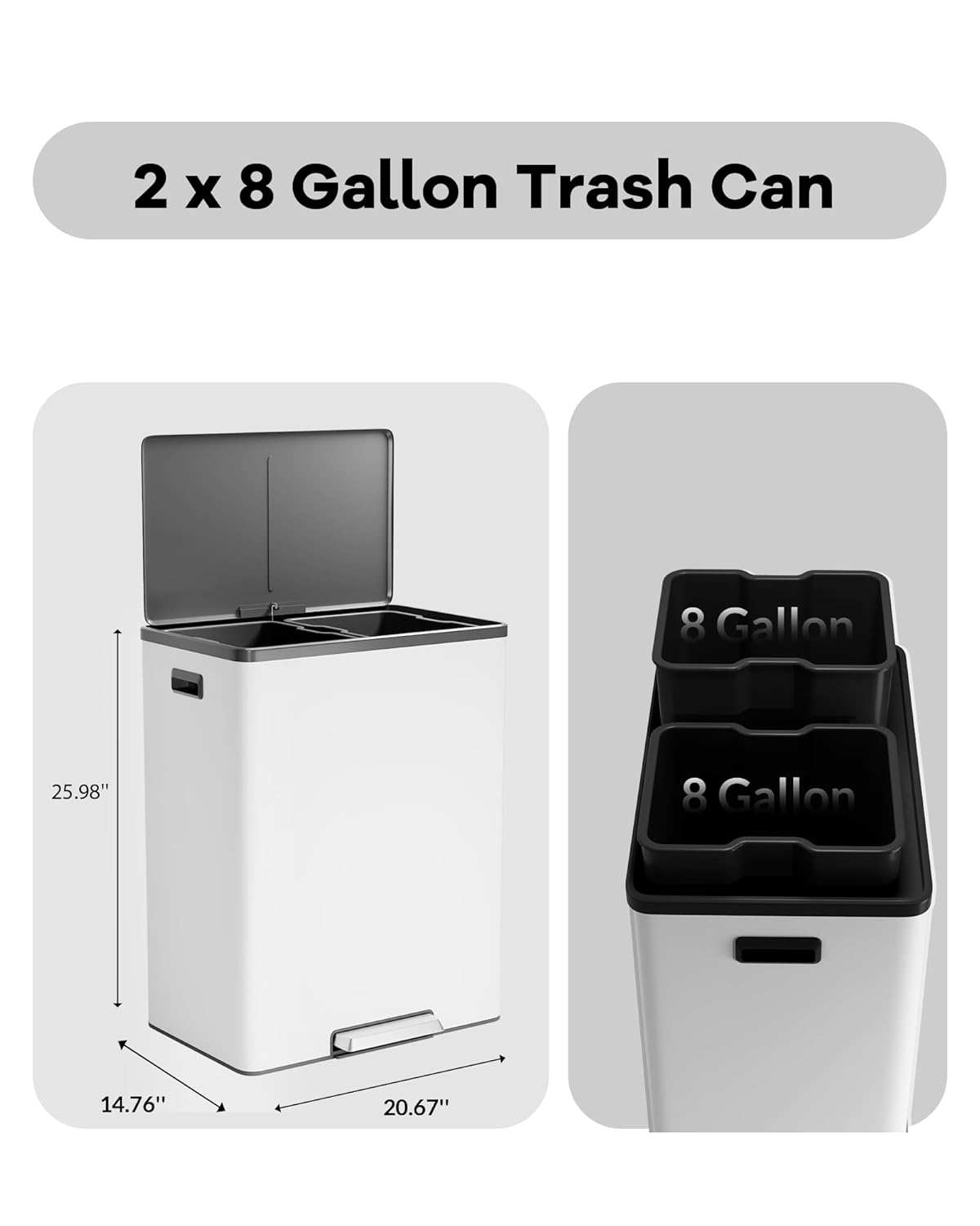 Garvee Dual Trash Can for Recycling and Trash, Stainless Steel Kitchen Trash Can with Lid and Foot Pedal, Double Compartment Garbage Can, with Recycling Bin