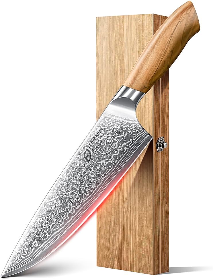 Damascus Chef Knife in Japanese Steel, 67-Layers Damascus Kitchen Knife with Wooden Gift Box and Original Olive Wood Handle, Cooking Knives for Home Kitchen Gift Idea