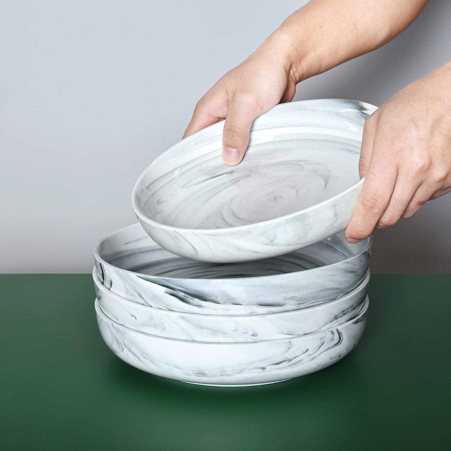 Bosmarlin Marbling Ceramic Large Pasta Bowls, 38 Oz, Set of 4 for Serving, Salad, Dinner, Big Wide Bowls, Microwave and Dishwasher Safe (Grey, 9 in)