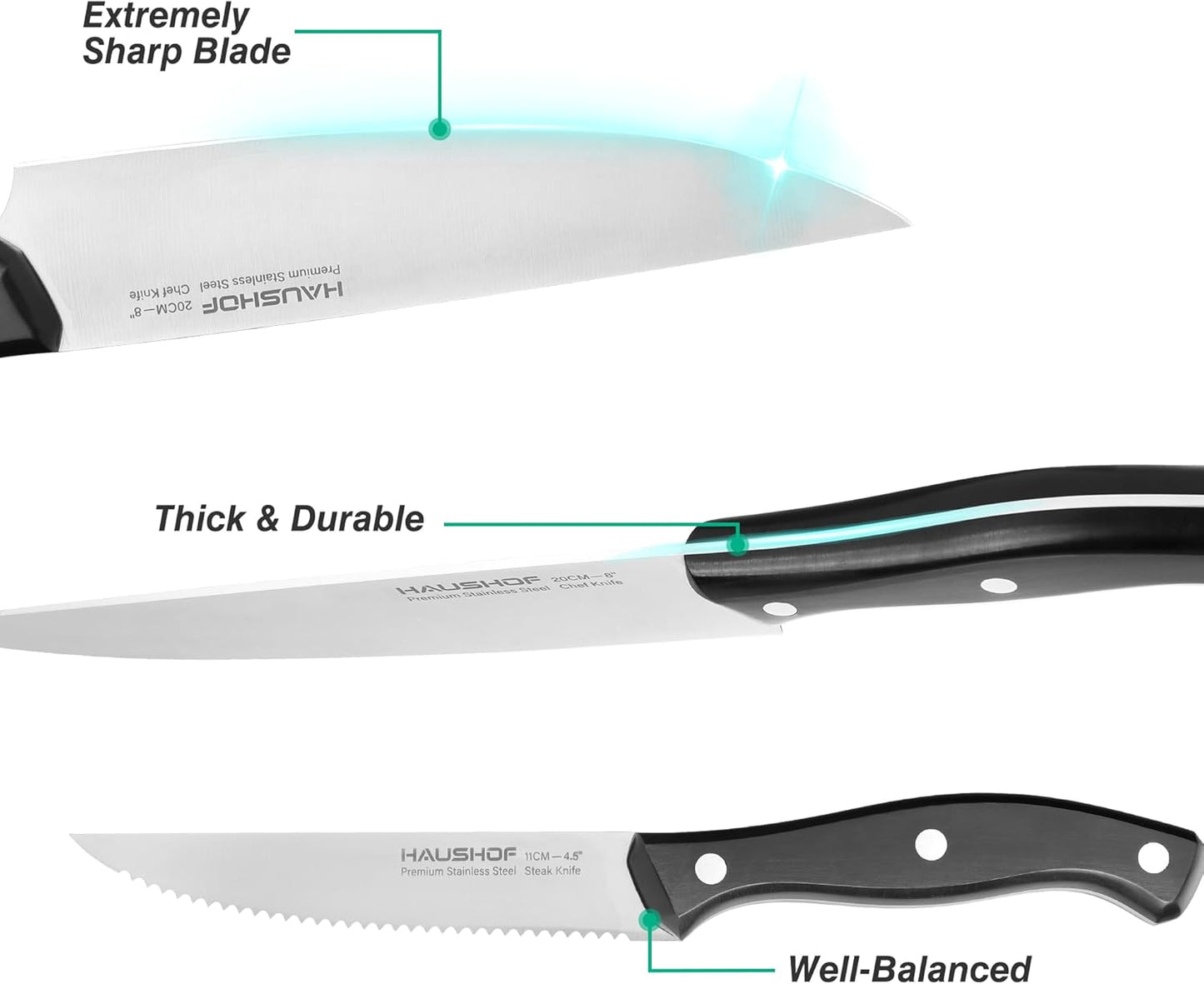 HAUSHOF 14 PCS Kitchen Knife Set With Block Wooden, Razor-Sharp Stainless Steel, Forged Triple Rivet, Chefs, Santoku, Slicing, Utility & 6 Steak Knives, Black