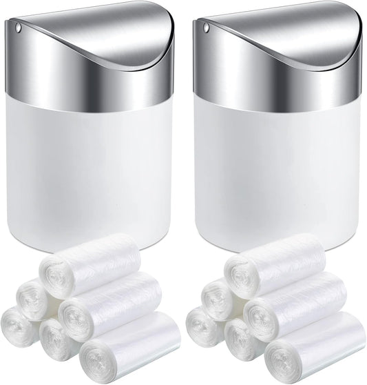 2 Pcs Desk Trash Can with Swing Lids, 12 Rolls of Trash Bags, 2L Brushed Stainless Steel Countertop Garbage Bin Small Wastebasket with Lid for Office Desk, Coffee Table(Matte White)