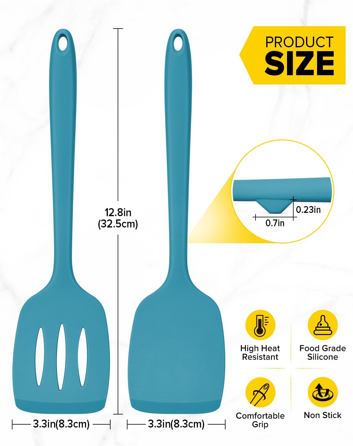 Pack of 2 Silicone Spatula Turners, Non Stick Slotted Kitchen Spatula Set, Heat Resistant BPA Free Kitchen Utensils, One-Piece Design, Suitable for Flipping Fish, Eggs, Steak, Pancakes(BLUE)