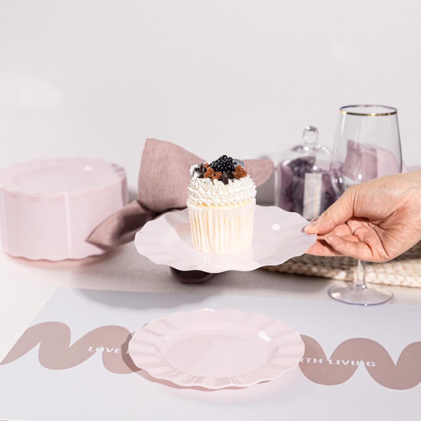 72 Pack Pink Plastic Plates, 7" Disposable Wave Salad/Dessert Plates Elegant Heavy Duty Plate for Party, Wedding, Thanksgiving, Christmas