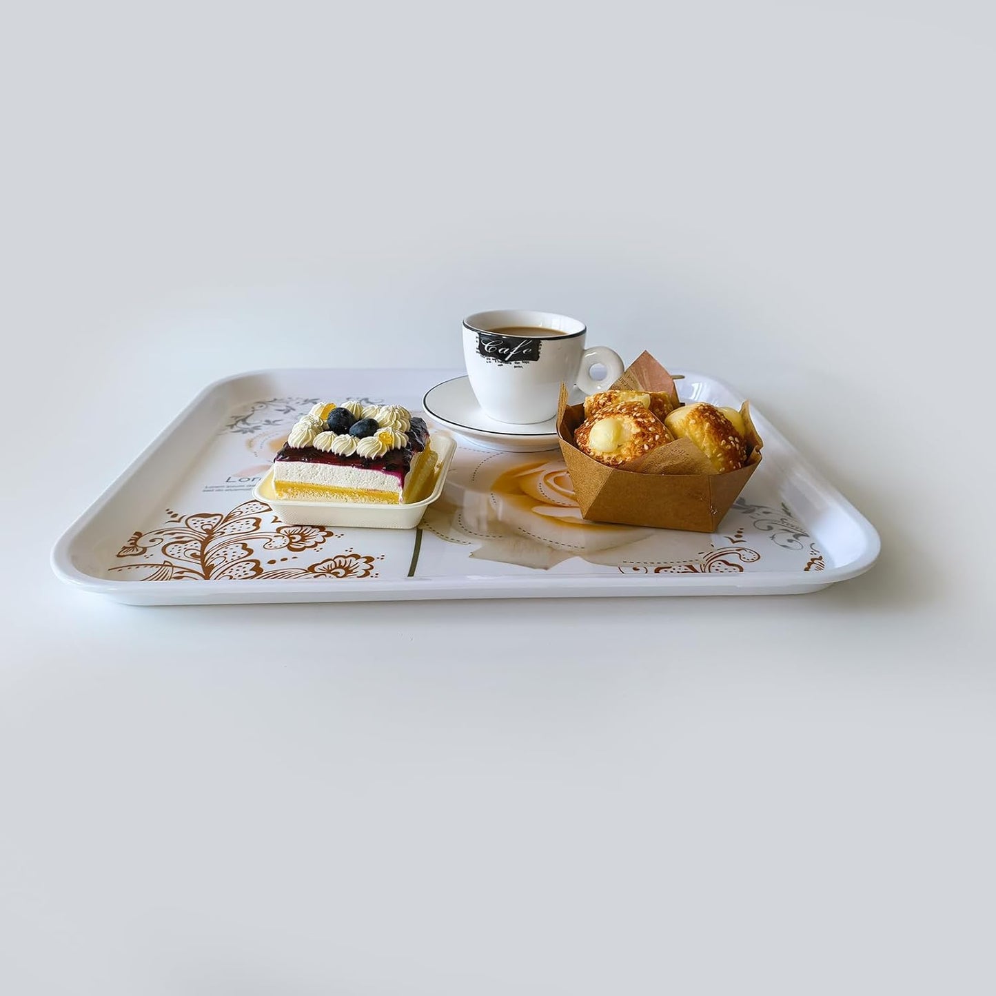 Large Serving Platter Melamine Trays 2 Pack Stackable Food Tray with Floral Print for Gift, Party, Decor, Home, Restaurant (Gold Rose, Medium)