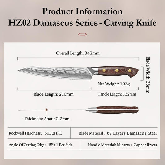 HEZHEN Carving Knife, 67 Layers Damascus Steel BBQ Slicing, 8.3 Inches, Professional Brisket Slicing Meat Knife, Ergonomic Micarta Handle, Gift Packing