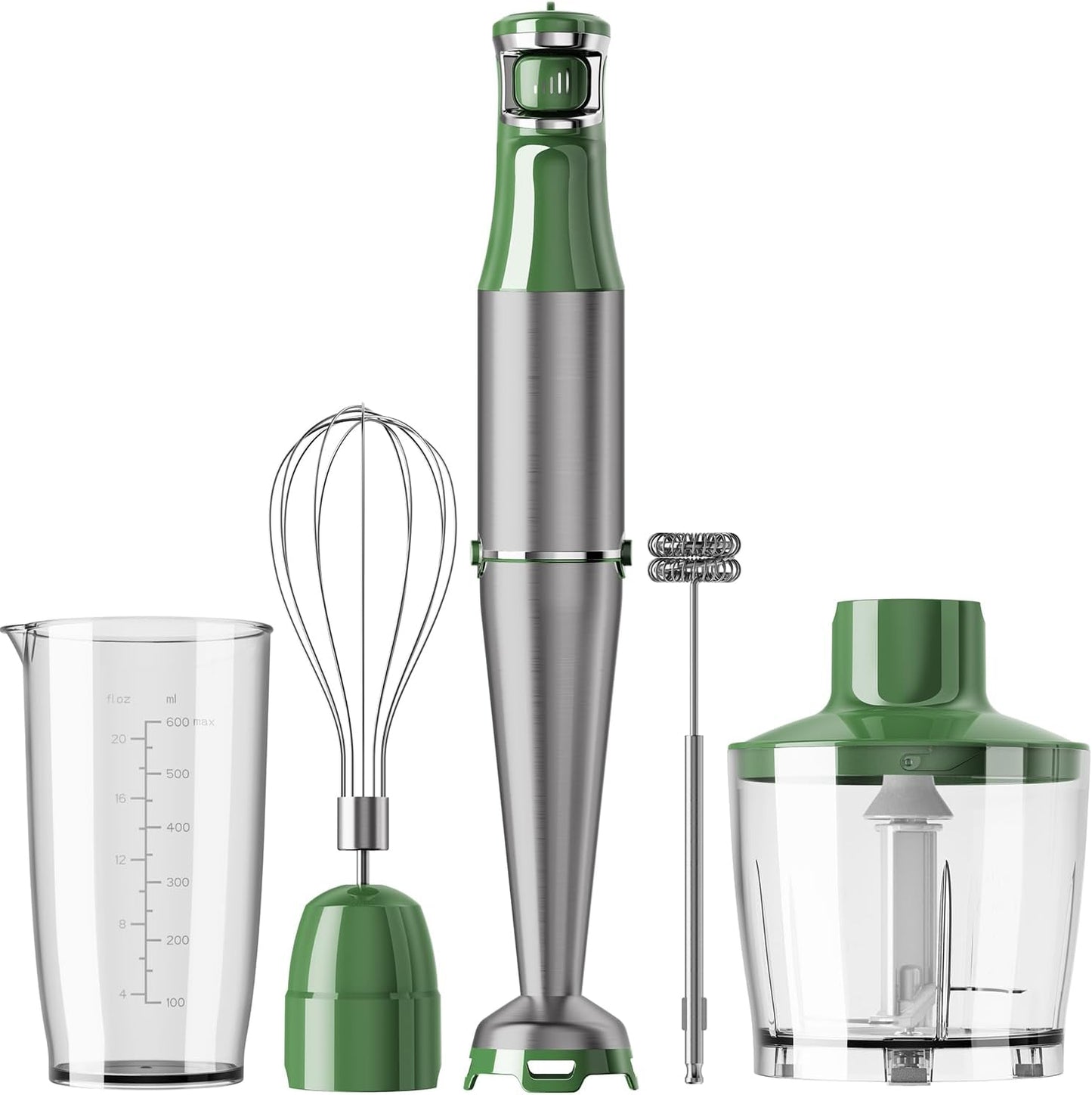 Immersion Blender Handheld Corded Hand Blenders Set 1100W, Trigger Variable Speed 5 in 1 Stick Emulsifier with Chopper, Whisk and Frother for Soup, Baby Food and Smoothies, Green