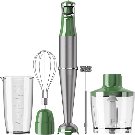 Immersion Blender Handheld Corded Hand Blenders Set 1100W, Trigger Variable Speed 5 in 1 Stick Emulsifier with Chopper, Whisk and Frother for Soup, Baby Food and Smoothies, Green