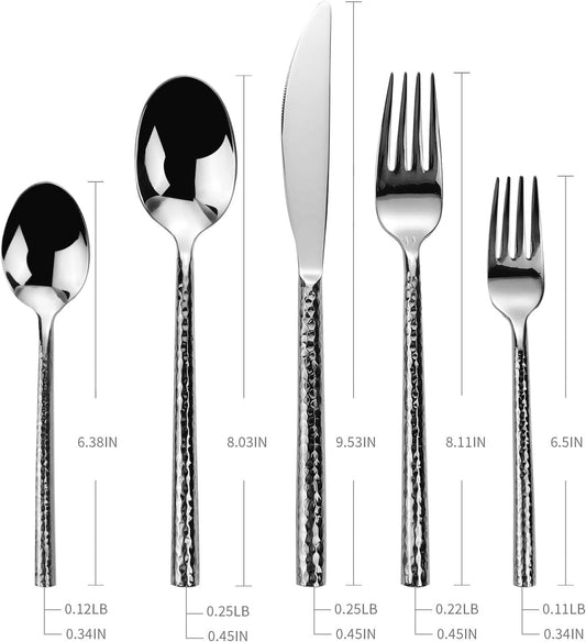 18/10 Stainless Steel Flatware Set Hand Forged Silverware Set Cutlery Set Round Hammered Handle Mirror Finished Heavy Duty 10 Pieces Service for 2