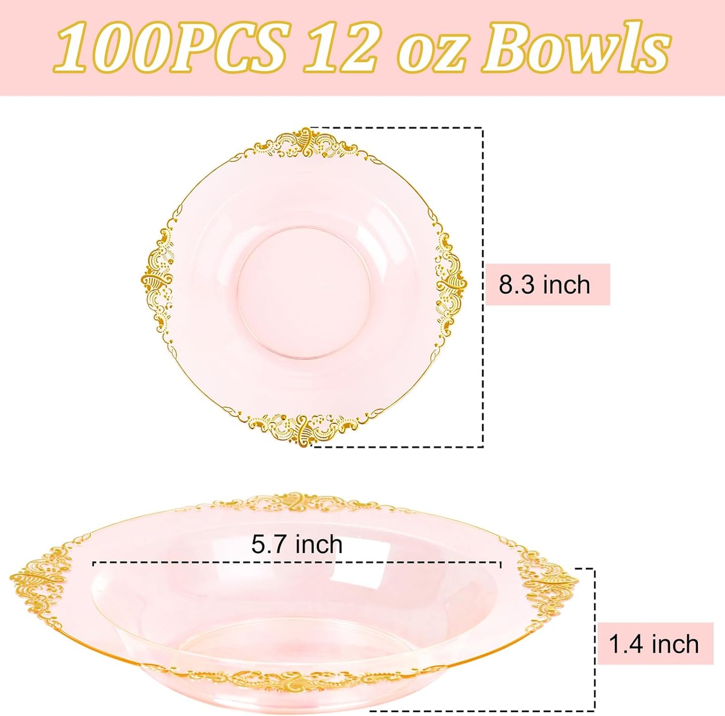 100PCS Clear Pink Plastic Bowls - 12 oz Pink Gold Disposable Salad Bowls - Heavy Duty Disposable Soup Bowl - Fancy Plastic Ice Cream Bowl for Weddings Parties Dinners Picnics