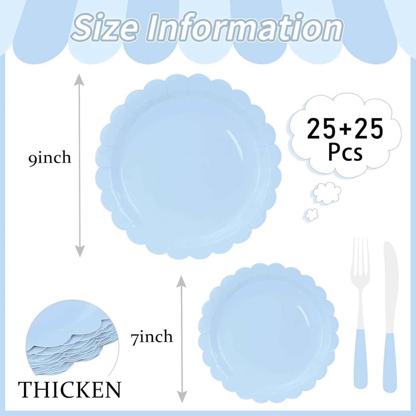 50 Pcs Light Blue Scalloped Paper Plates 25 × 7'' and 25 × 9'' Disposable Baby Blue Scalloped Dinner Plates for Wedding Baby Shower Birthday Party Disposable Dessert Plate