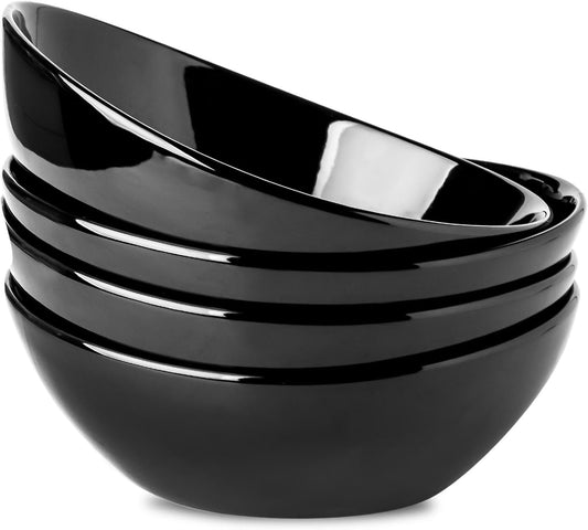 Hasense 40oz Salad Bowls, Large Serving Bowls, Porcelain Soup Bowls for Kitchen, Porcelain Ceral Bowls for Entertaining Parties, Dishwasher Microwave Safe, Set of 4, Black