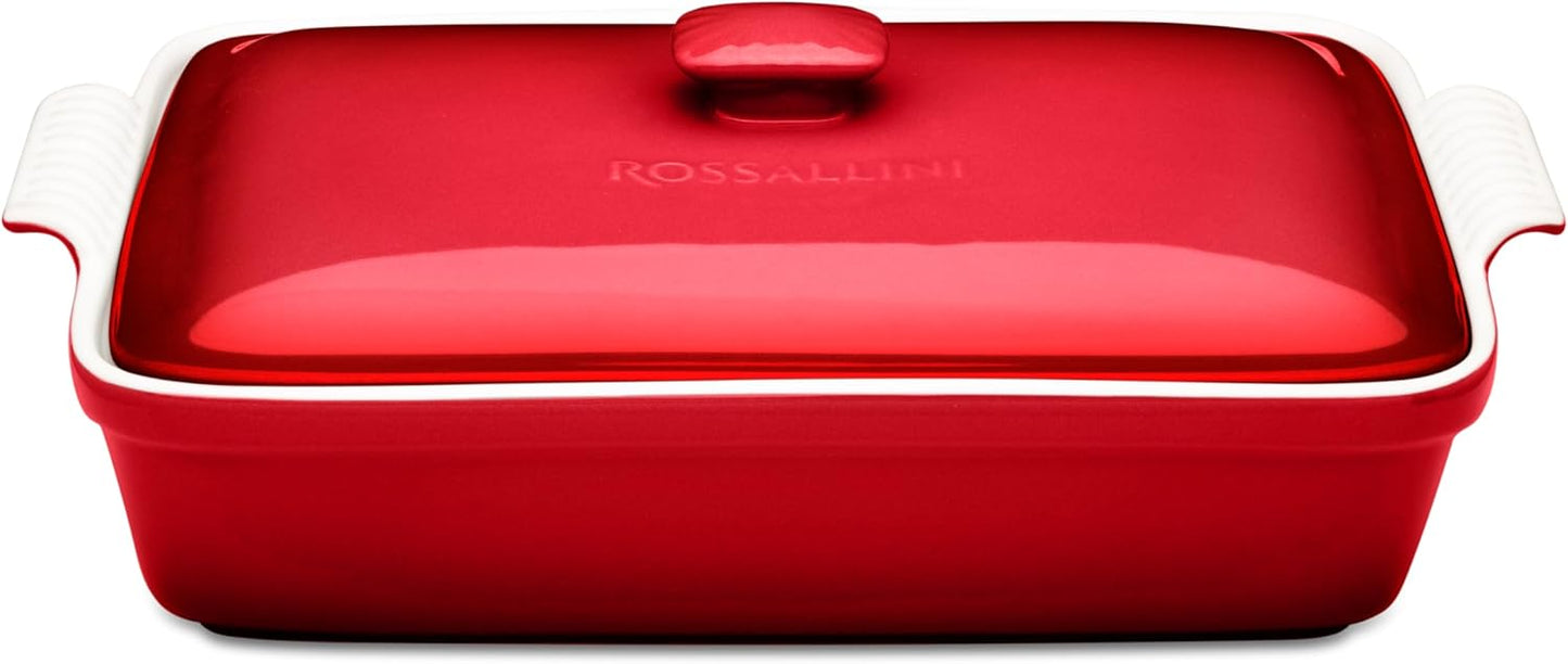 Stoneware Casserole Dish Bakeware Set with Lid, Covered Rectangular Dinnerware, Extra Large 4.23 Quart, 13 by 9 Inch, Deep Red