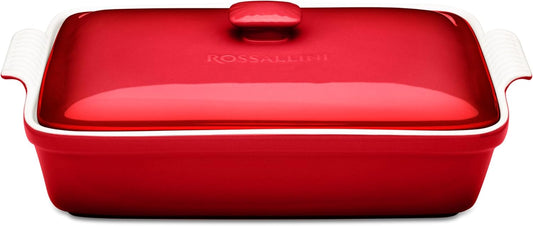 Stoneware Casserole Dish Bakeware Set with Lid, Covered Rectangular Dinnerware, Extra Large 4.23 Quart, 13 by 9 Inch, Deep Red