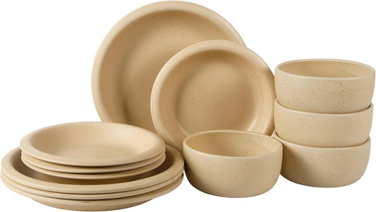 Bloomhouse Corsica Clay 12 Piece Stoneware Rustic Reactive Glaze Dinnerware Set - Stackable Plates and Bowls Set. Service for 4 - Matte Finish Cappuccino Cream