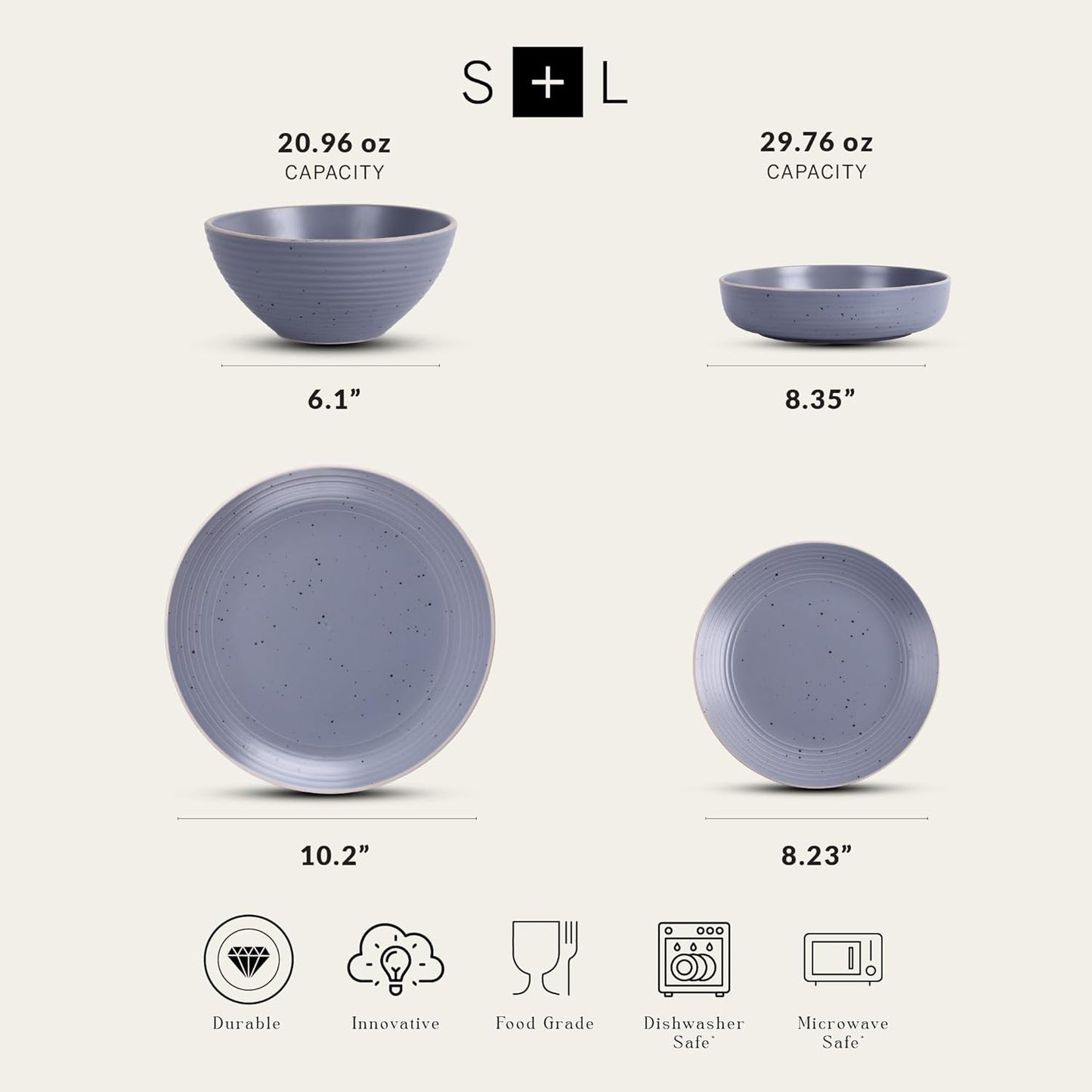 Stone Lain Lauren Modern Stoneware 32-piece Round Dinnerware Set, Plates and Bowls Set, Dish set for 8, Light Gray