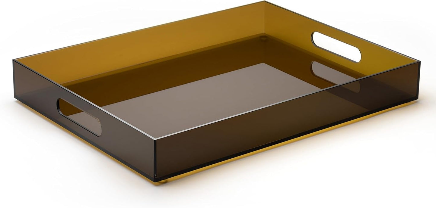 16"x12" Large Acrylic Serving Tray Decorative Ottoman Coffee Table Vanity Tray Tea Fruit Platter Snack Appetizer Dessert Drink with Handles for Bar Kitchen Party, Amber