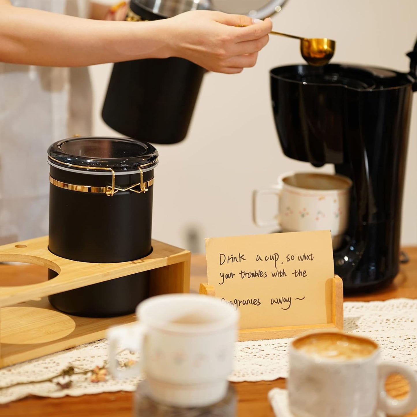 Yangbaga 304 Stainless Steel Coffee Canisters for Ground Coffee,3 x 63 OZ Coffee Container with Shelf Coffee Bean Storage, Food Storage Jar with Gold Airtight Locking Clamp and Spoon for Kitchen