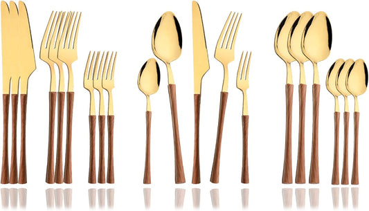 JASHII Wood Handle Flatware Set, 20 Pieces Stainless Steel Silverware Cutlery Set, Mirror Polished, Knife Fork Spoon Set, Dishwasher Safe - Small Waist Gold