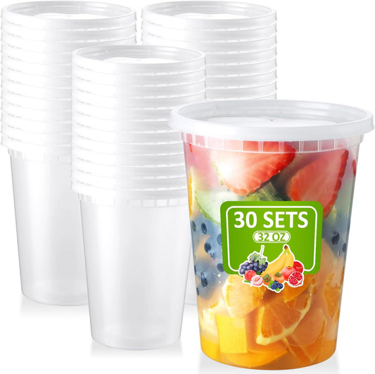 30 Set 32oz Deli-Containers-with-Lids, Airtight Food-Storage-Containers, Microwaveable & Freezer Safe Plastic-Storage-Containers-with-Lids, Soup Slime Overnight Oat To-Go-Containers