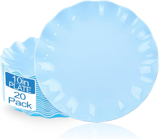 LIYH 20 Pcs 10 Inch Light Blue Plastic Plates Reusable - Unbreakable Scalloped Dinner Plates for Baby Shower Party Outdoor Picnics Dishwasher Safe BPA Free