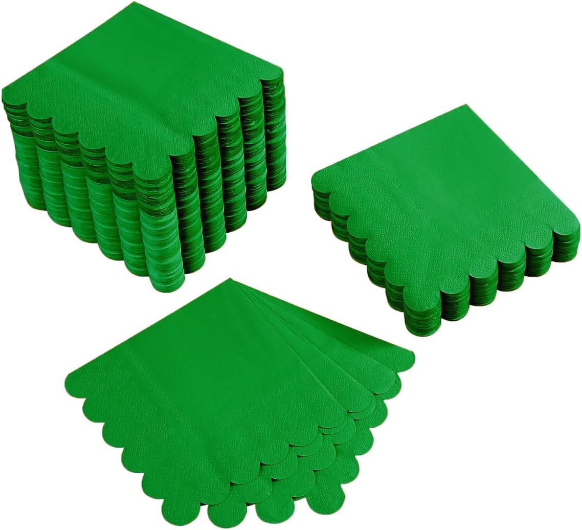 100 Pack Cocktail Napkin 2-Ply Scalloped Edged Dessert Napkins Folded 5 x 5 Inches Disposable Napkins for Dinner Wedding Birthday Party Bridal Anniversary Reception Event (Green-2)