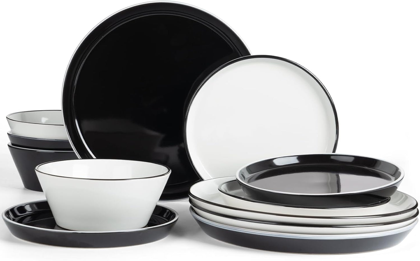 Famiware Saturn Dinnerware Sets, Plates and Bowls Sets for 4, 12 Pieces Stoneware Dish Set - Chip and Scratch Resistant, Microwave and Dishwasher Safe Tableware Set, Black and White with Rim