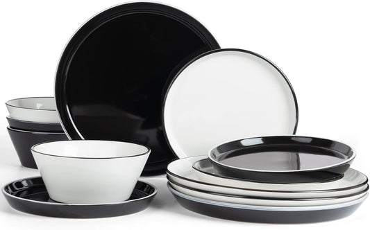 Famiware Saturn Dinnerware Sets, Plates and Bowls Sets for 4, 12 Pieces Stoneware Dish Set - Chip and Scratch Resistant, Microwave and Dishwasher Safe Tableware Set, Black and White with Rim