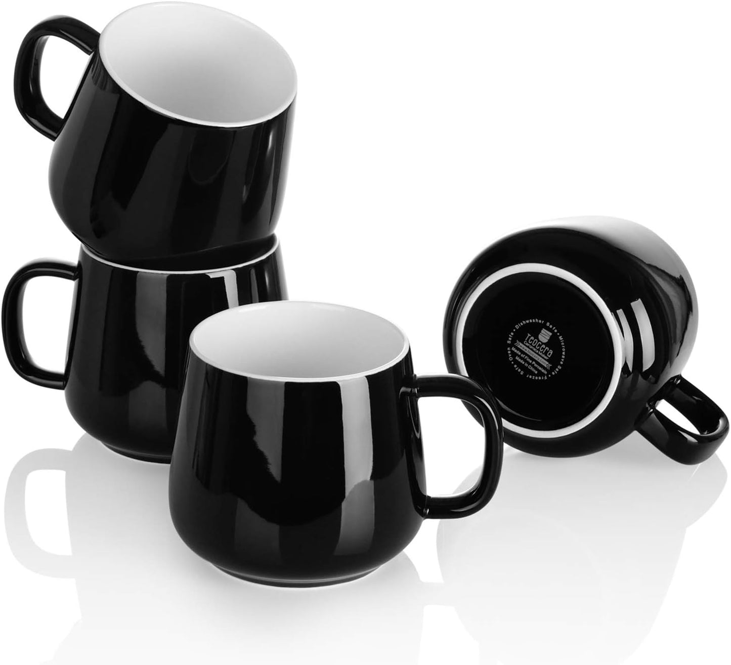 Teocera Ceramic Coffee Mug Set of 4-12 oz Coffee Mugs with Large Handles for Hot or Cold Drinks Like Latte, Cocoa, Tea or Juice - Smooth Ceramic, Dishwasher Safe，Black