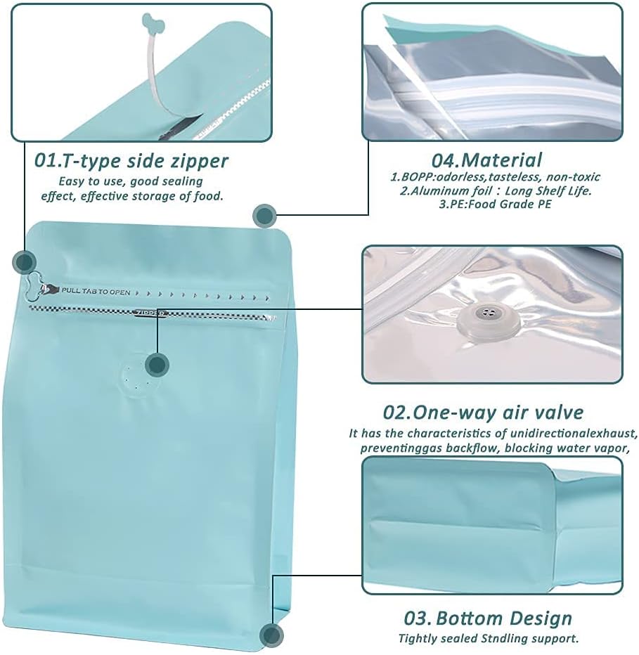coffee bags with Valve High Barrier Aluminumed Foil Flat Bottom Standing Coffee Beans Storage Bags,Reusable Heat Sealable Side Zipper Pouches (12oz/50pcs, Blue)