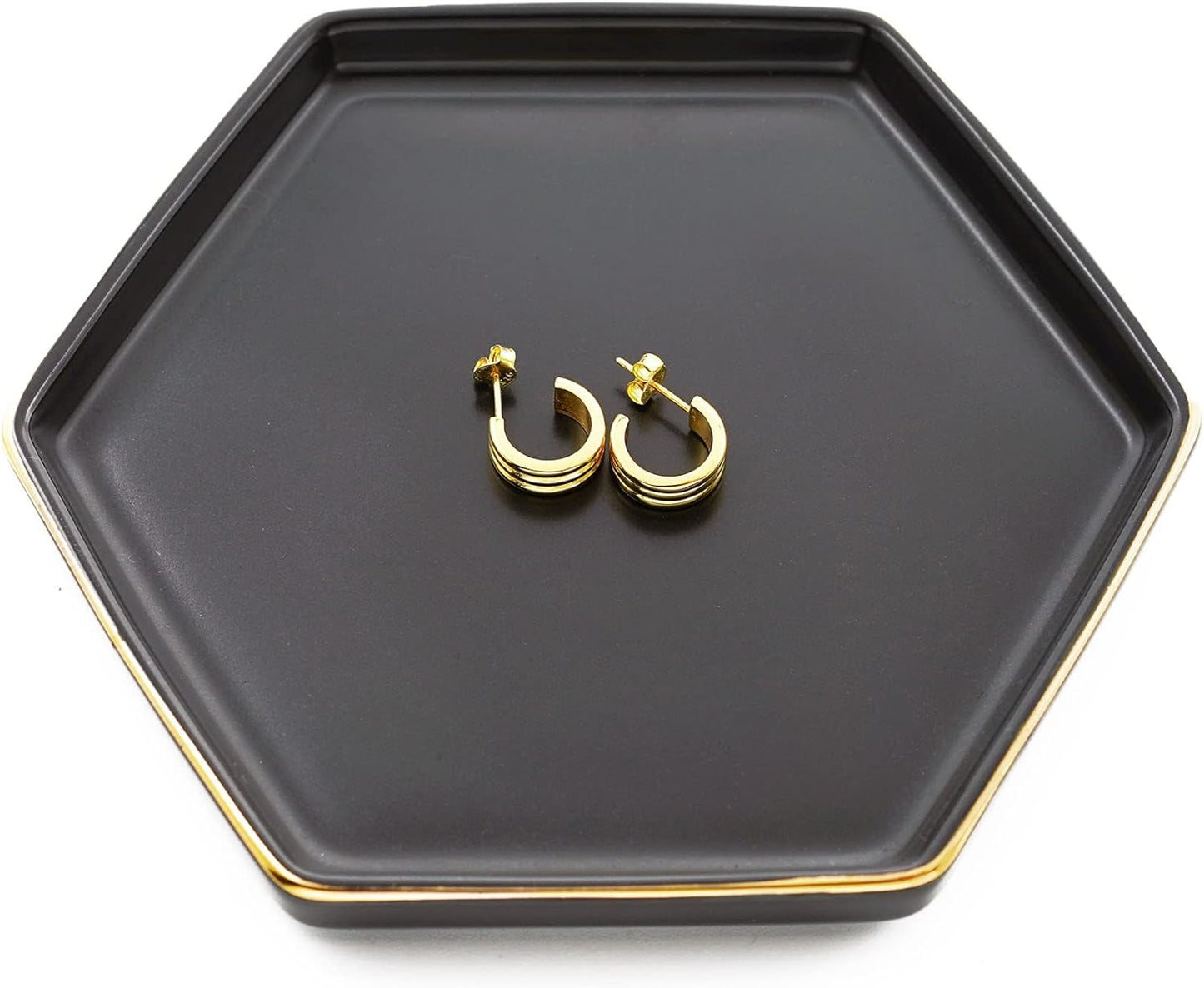4.7 inch Ceramic Jewelry Dish Tray, Small Ring Holder Dish, Black Catch All Trinket Tray for Keys Rings Earrings