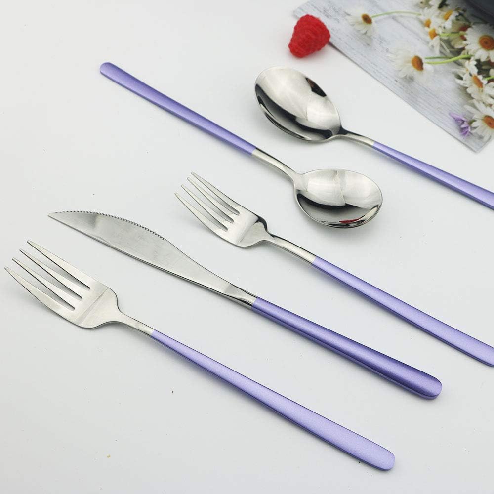 JASHII SUS304 Stainless Steel Flatware Cutlery Set For Home Kitchen Restaurant Hotel, Mirror Polished, 20-Piece Silverware Set for 4, Dishwasher Safe(Purple silver)