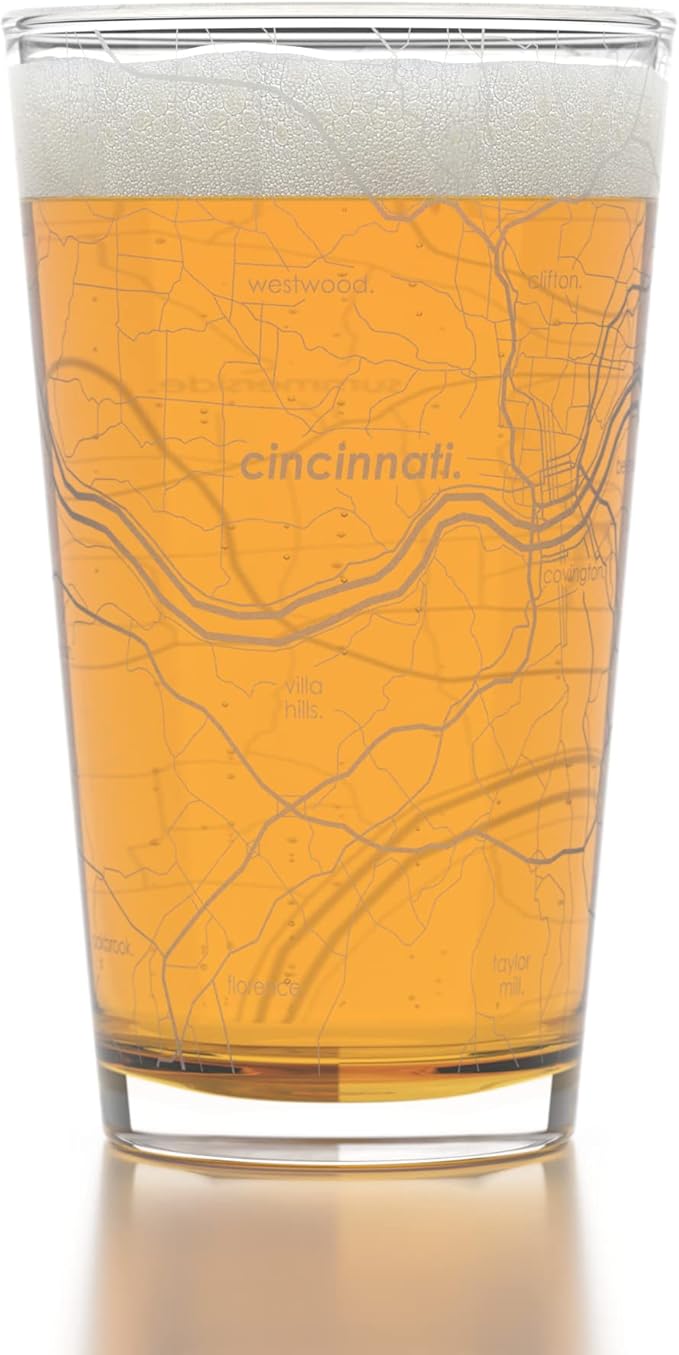 Well Told Engraved Cincinnati Ohio Map Pint Glass, Etched Beer Gift (16 oz, Clear) City Map Pint, Custom City Glassware, Gifts For Beer Lovers