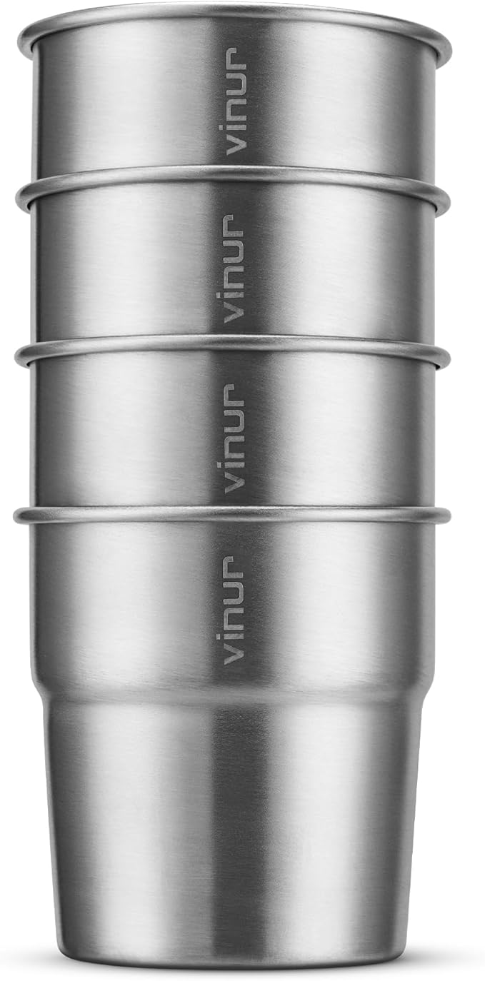 VINUR 4 Pack Stainless Steel Cups 8 oz Pint Tumbler Stackable Metal Drinking Glasses for Travel, Camping, Outdoors (Silver)