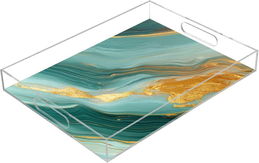 Acrylic Serving Tray with Handles Spill Proof Kitchen Storage Tray Clear Decorative Tray Makeup Drawer Organizer Storage Tray for Bathroom Living Room Ottoman 15.7x11.8Inches