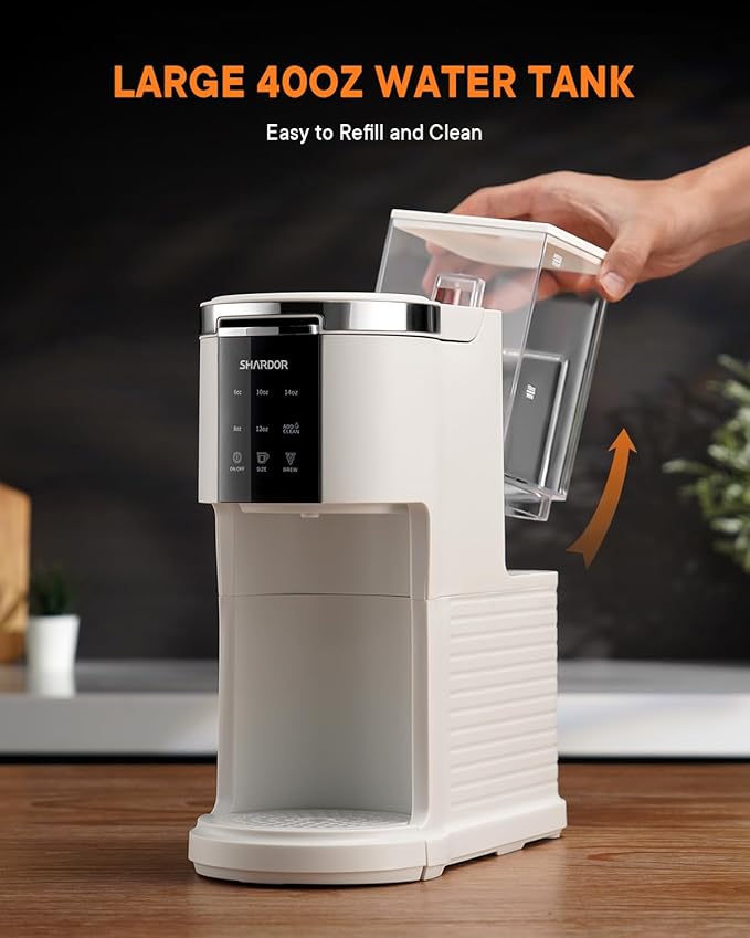 SHARDOR 3 in 1 Single Serve Coffee Machine, K Cup Coffee Maker Compatible with Ground Coffee & Teas, 6 to 14oz Brew Sizes, 40oz Removable Water Tank, Descale Settings, White