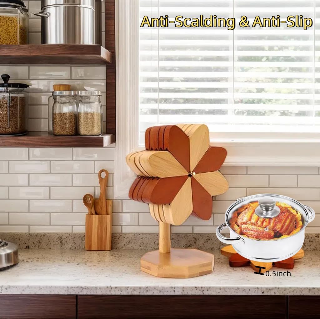 Foldable Pinwheel Wooden Trivets for Hot Dishes,Natural Pinwheel Shape Trivets Set with 4 Pads and 1 Stand for Pot,Bowl,Teapot, Easy Storage Windmill Design Kitchen Decor‌