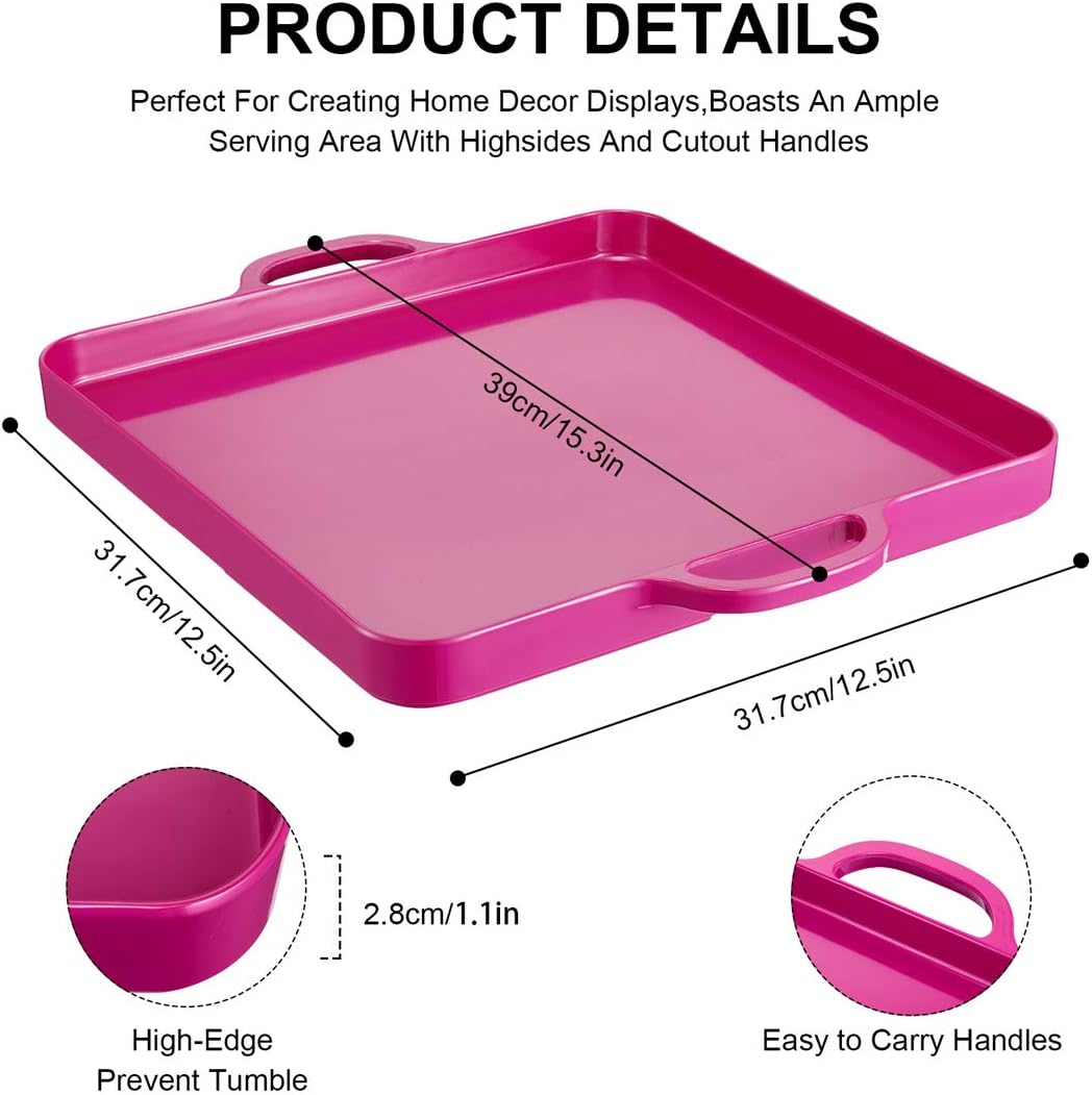 Square Serving Trays with Handles Melamine Hot Pink 12.5x12.5 Inch Spill Proof Kitchen Eating Trays Set of 2 for Cafeteria Cafe Food Appeizer Dessert Snack Dinner Lunch Breakfast,TR12-02