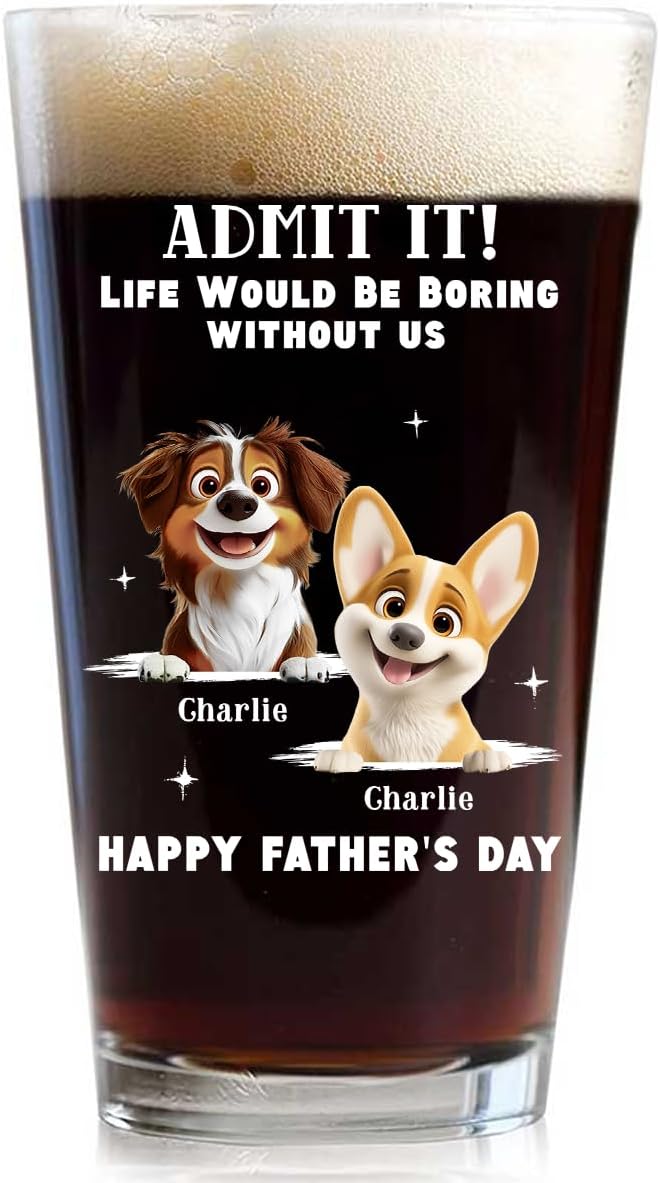 Wrappiness Best Mom Dad Logo Personalized Custom Beer Glass - 16oz Glassware for Beer Soda Cocktails - Gift for Dog Lovers, Father's Day, Birthday Gift for Parents (B07, 2 Dogs)