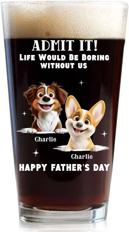 Wrappiness Best Mom Dad Logo Personalized Custom Beer Glass - 16oz Glassware for Beer Soda Cocktails - Gift for Dog Lovers, Father's Day, Birthday Gift for Parents (B07, 2 Dogs)