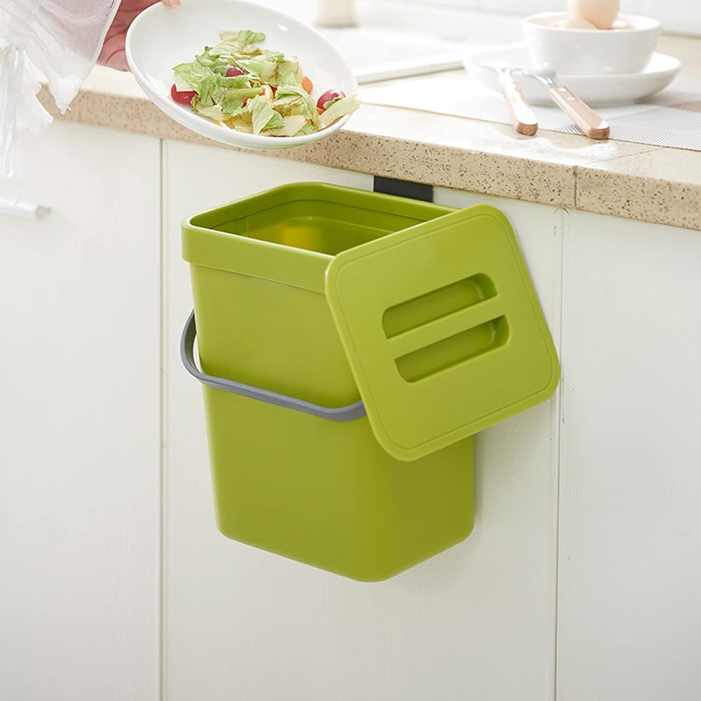 Domiella 2 Pack Hanging Small Trash Can with Lid (1.3 + 0.8 Gal), Kitchen Compost Bin for Countertop or Under Sink, Mountable Food Waste Bin for Cabinet, Bathroom, or RV Use (Green)