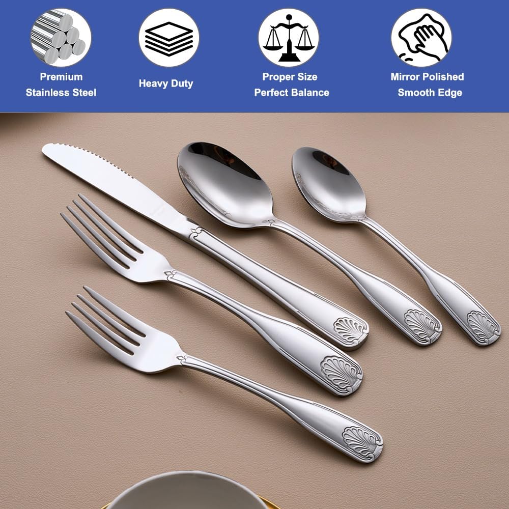 30-Piece Flatware Set, Stainless Steel Silverware Set for 6, Cutlery Set with Shell Pattern, Fork Spoon Knife Set, Dishwasher Safe