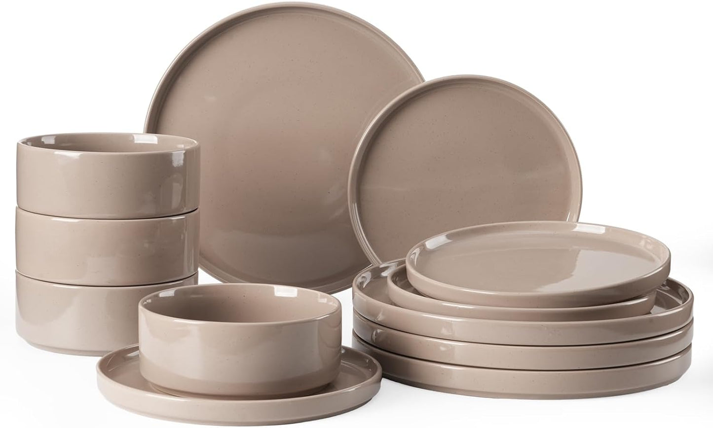 Famiware Nebula Plates and Bowls Set, 12 Pieces Dinnerware Sets, Dishes Set for 4, Cinnamon Brown