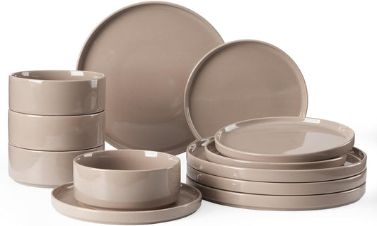 Famiware Nebula Plates and Bowls Set, 12 Pieces Dinnerware Sets, Dishes Set for 4, Cinnamon Brown
