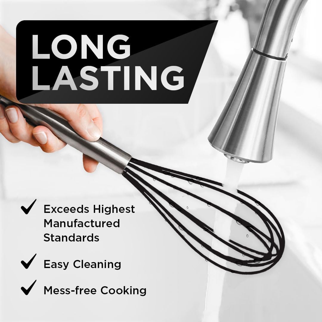 Silicone Whisk Set of 3 - Stainless Steel & Silicone Non-Stick Coating – wisking tool, Whisking, mini whisk, whisks for cooking (12-inch, 10-inch & 8.5-inch), egg whisk