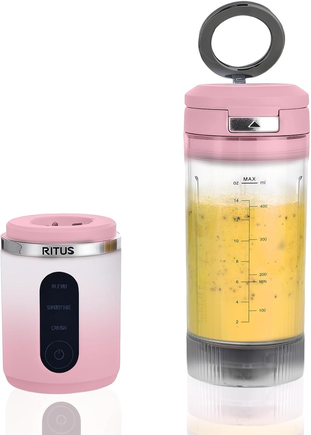 RITUS VORTEX Pro Portable Blender,Personal Blender w/Removable Vessel-for-Smoothies Blend Ice Crush 3 Programs,Cordless 20oz BPA Free Vessel Magnetic-Ring Dishwasher Safe, Leakproof，Pink
