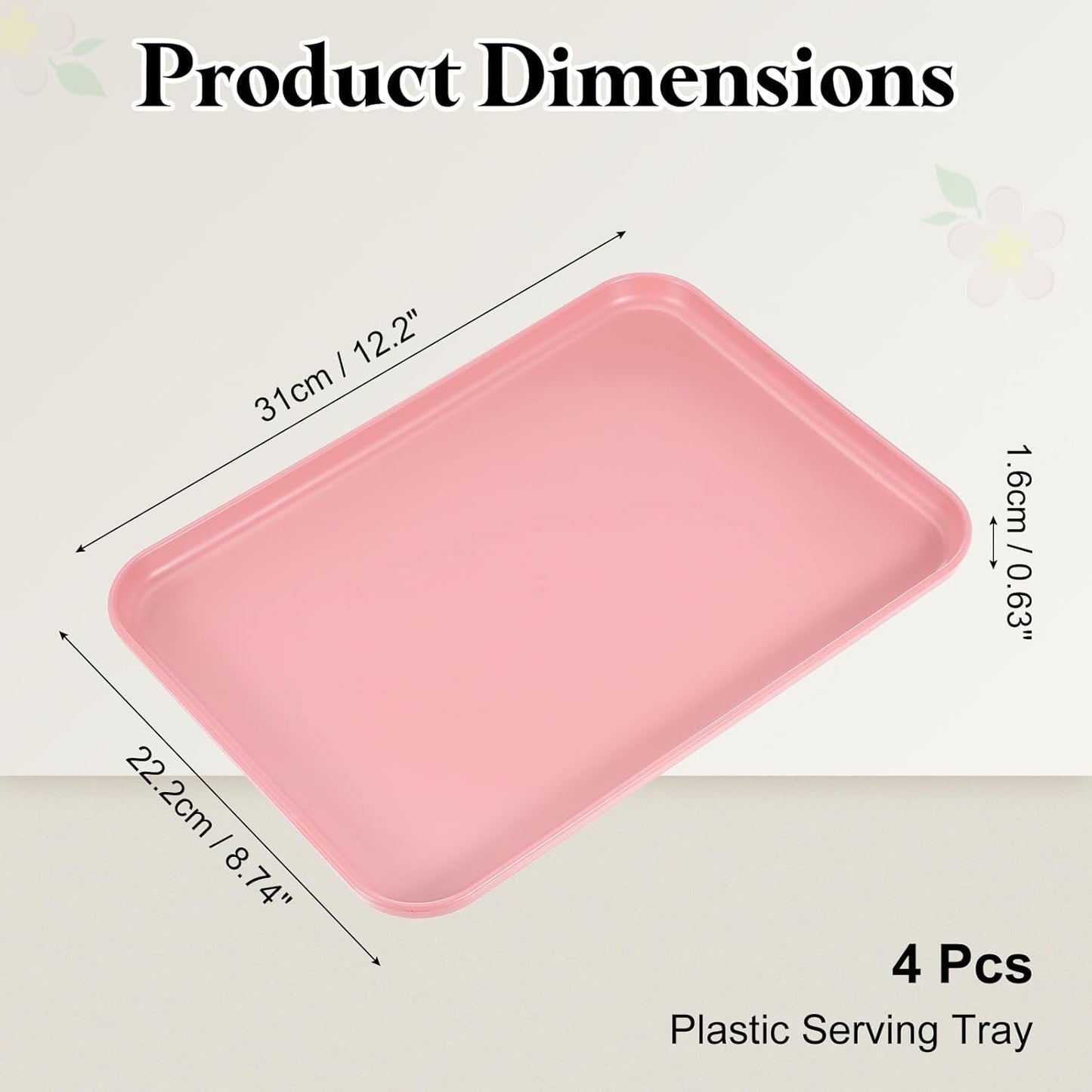 uxcell 4Pcs Plastic Serving Trays, 12.2 x 8.7 Inch Rectangle Food Trays Serving Cafeteria for Kitchen Restaurant Coffee Fruit Burger Lunch Dessert, Pink