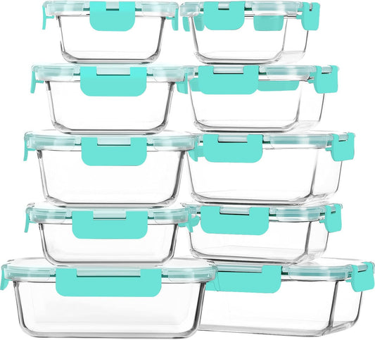 M MCIRCO 10-Pack Glass Food Storage Container with Lids, Airtight Lunch Bento Boxes, Glass Meal Prep Container,Microwave, Oven, Freezer and Dishwasher Friendly, Green