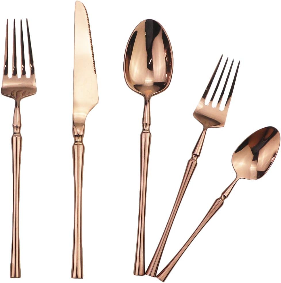 Gugrida Copper Silverware Set, 5-Piece 18/10 Stainless Steel Flatware Cutlery Set for 1,Mirror Finish, Ideal for Wedding Festival Party Home Kitchen, Dishwasher Safe